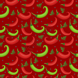 辣椒无缝模式 红辣椒和绿色无尽背景 纹理 蔬菜背景 矢量图解图片
