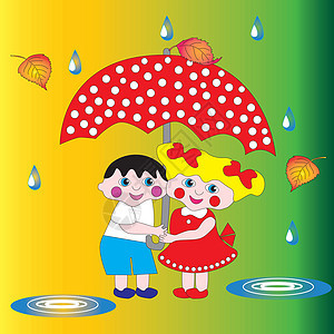 两个孩子 一个男孩 一个女孩在雨伞下图片