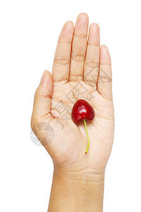 手握樱桃心脏形状的分离剪切路径植物女性甜点宏观食物浆果美食小路女士手指图片
