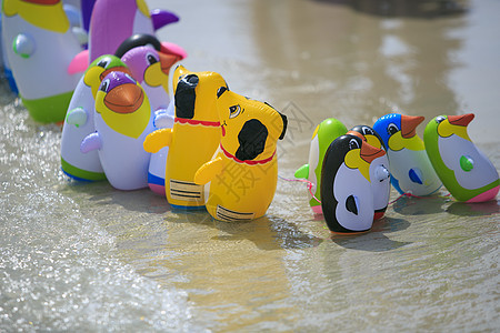 海滩上充气的玩具动物图片