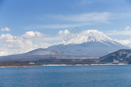 湖和藤山火山蓝色旅行风景本栖天空反射公吨白色地标图片