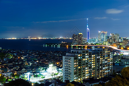 晚上的福冈天际风景旅行办公室城市摩天大楼商业景观场景建筑学日落图片