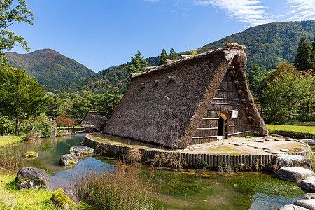 传统的日本白川古老村落房子天空农场蓝色地标晴天合掌阳光建筑森林图片