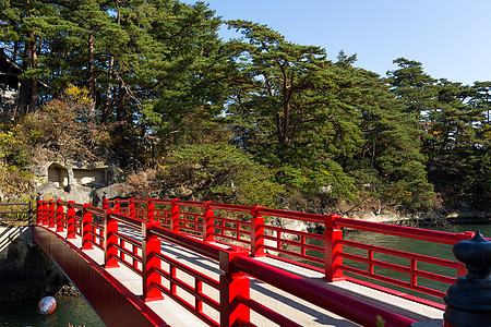 松岛宫木和红桥红色爬坡海洋游客历史支撑村庄旅行蓝色风景图片