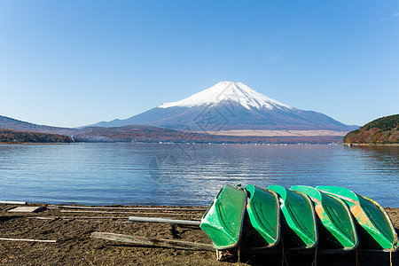 川口子湖和福吉山森林天空阳光地标绿色植物木头码头火山晴天甲板图片