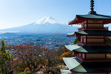 富士山和楚雷托塔樱花地标文化晴天新仓宝塔爬坡道寺庙城市浅间图片