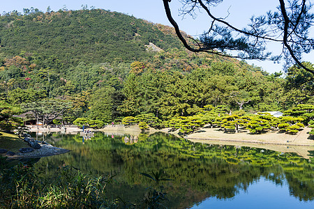 传统里瓜林花园天空花园环境四国蓝色池塘公园行人水池反射图片