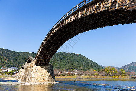 Kintaikyo桥场景地标历史性旅行风景游客城堡蓝色晴天历史背景图片