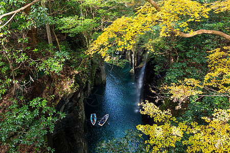 日本高原峡谷森林岩石悬崖地标旅行黄色瀑布绿色叶子公园图片