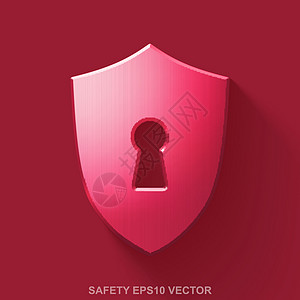平面金属隐私 3D 图标 红色有光泽的金属屏蔽与钥匙孔在红色背景上 EPS 10 矢量图片