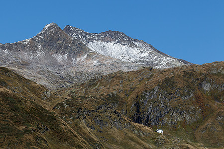 从瑞士的Gotthard通行证查看远景高山太阳房子运输农村天空旅游路线风景图片