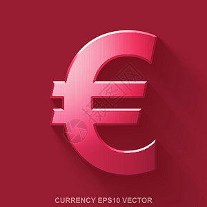 平面金属货币 3D 图标 红色背景上的红色光泽金属欧元  EPS 10矢量图图片
