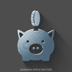 平面金属银行 3D 图标 有硬币的抛光的钢存钱罐在灰色背景  EPS 10矢量图图片