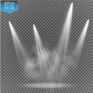具有闪电和雾或烟雾背景的矢量白色透明能量聚光灯场景射线展示电影俱乐部运动剧院火花投影仪派对艺术图片