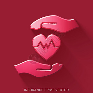 平面金属保险 3D 图标 红色光滑的金属心脏和棕榈在红色背景  EPS 10矢量图安全插图合金风险生活网络界面事故技术保险图片