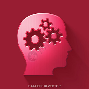 平面金属数据 3D 图标 有齿轮的红色光滑的金属头在红色背景 EPS 10 矢量图片