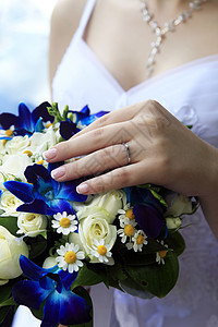 婚礼花束花店婚姻蓝色裙子磁带家庭粉色新娘玫瑰女性图片
