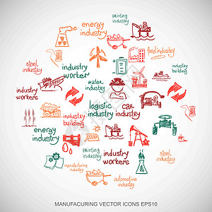 多色涂鸦手绘行业图标设置在白色  Eps10 矢量图橙子草图气体建造工程制造业绿色工业汽车红色图片