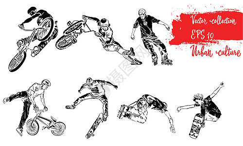 一组极限运动员 轮滑自行车手和溜冰者 极端主题现代印刷品 矢量设计元素 在白色背景上被隔离图片