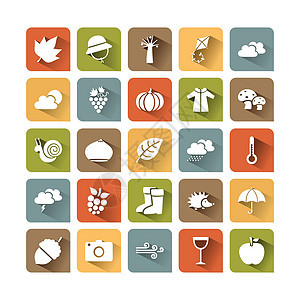 秋天的图标设置在彩色正方形与鲥鱼叶子天气板栗季节收藏南瓜蘑菇插图橡子图片