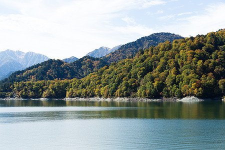 库罗贝大坝水湖高山植物阳光蓝色观光滑雪民众黑部顶峰风景图片