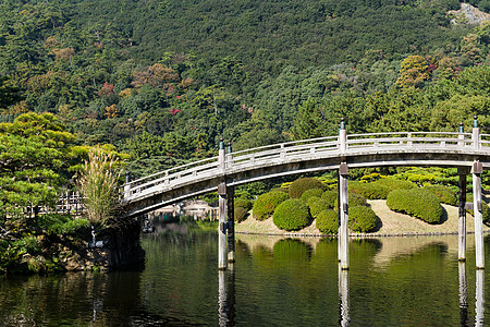 日本传统里草林花园Name木头水池天桥四国行人反射房子树叶蓝色建筑学图片