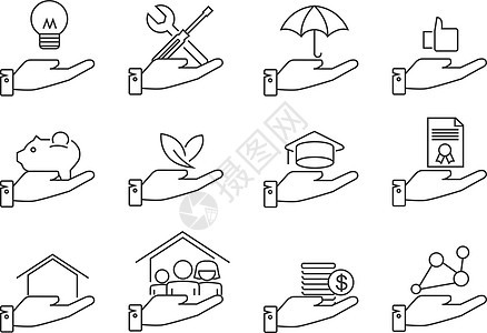 商业概念手与项目行图标 矢量图示图片
