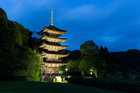 日本琉璃光寺宝塔天际森林历史性植物公园佛教徒旅行池塘建筑学游客图片
