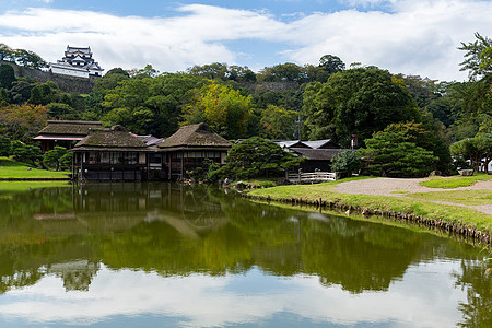 根基云花园和希康城堡气候水池木头园艺彦根公园植物学场景环境池塘图片