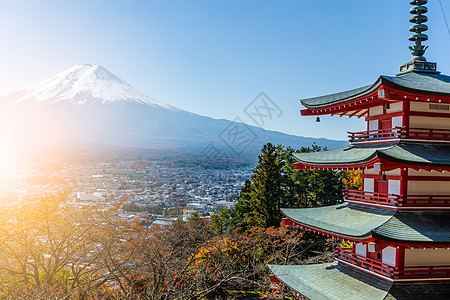 Fuji山和山光束阳光公吨宝塔城市天空寺庙季节火山旅行图片
