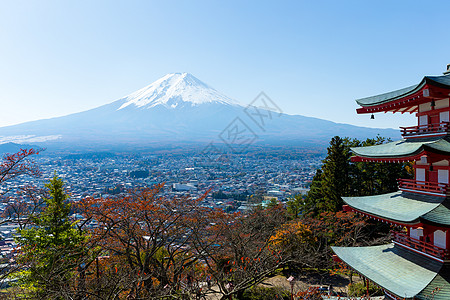 Fuji山和chureito塔塔城市风景晴天新仓爬坡宝塔火山神社樱花阳光图片