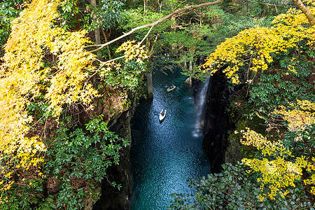 维多利亚瀑布日本高原峡谷蓝色树叶黄色公园绿色岩石瀑布森林旅行背景