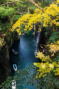 高原峡谷黄叶瀑布岩石森林季节旅行叶子悬崖地标公园力量图片