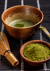 Matcha 相配绿茶文化奢华粉末杯子草本植物勺子茶杯美食竹子图片