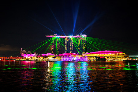 晚上在新加坡市有激光表演酒店蓝色码头奢华旅游城市吸引力市中心摩天大楼场景图片
