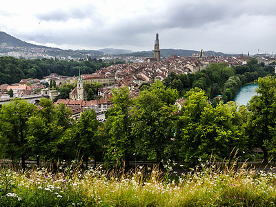 从玫瑰园 玫瑰园 伯尔尼州 瑞士首都 欧洲的山顶欣赏伯尔尼老城的全景联合会景观教会历史性天线遗产游客晴天传统教堂图片