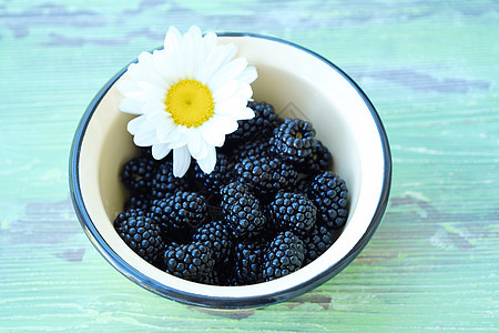 碗里有美味的新鲜黑莓和鲜花蓝色白色花朵黄色洋甘菊浆果图片
