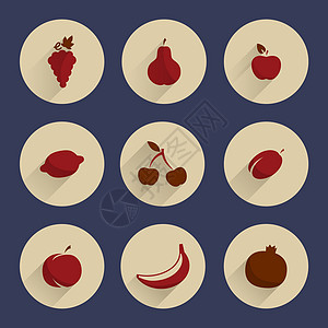 设置带水果的圆形图标 长阴影插图艺术商业标签食物收藏奶油蔬菜小吃浆果图片