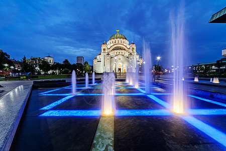 圣萨瓦寺庙公园旅行天空投票建筑学建筑蓝色喷泉宗教金子图片