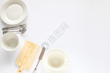设计各种随随机设计的厨房用具的模型设计概念杯子美食餐厅食物乡村白色木头勺子盘子餐具图片