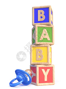 Word BABY 积木玩具和婴儿奶嘴 3字母插图幼儿园教育理念童年时代拼写安抚奶嘴学习图片