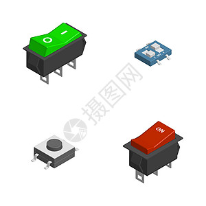 3d 矢量图中的一组不同的电子按钮和开关塑料等距网络活力电压切换器红色贴片绘画金属图片