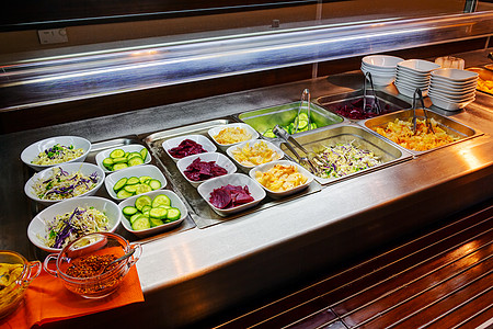 沙拉自助自自服务餐厅营养展示餐饮沙拉小吃柜台蔬菜自助餐食物托盘背景