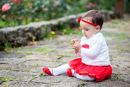 在花园里穿红色衣服的女婴公园孩子幸福女孩压痛婴儿花朵阳光黄色女儿图片