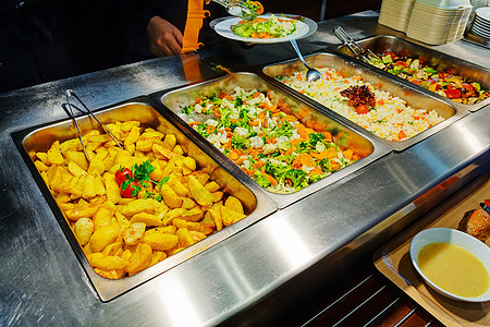 自自服务餐厅自助餐餐饮柜台午餐饮食托盘美食桌子小吃商业图片