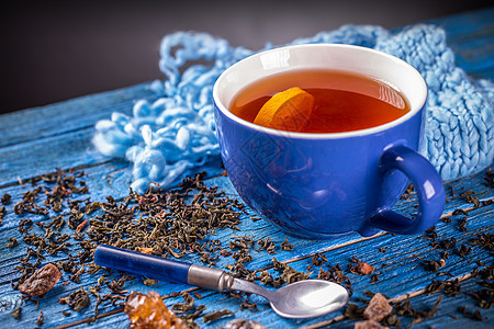 杯加黑茶杯子饮料蓝色茶点茶碗时间围巾静物柠檬图片