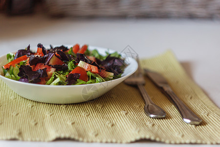新鲜蔬菜沙拉放在桌上 特写桌子小吃紫色维生素蓝色胡椒叶子黄瓜盘子午餐图片