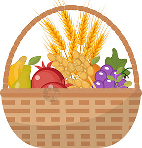 扁平风格的柳条篮图标中的蔬菜和水果 孤立在白色背景上 矢量图图片