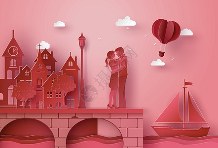 一对夫妇站在海边村庄拥抱帆船礼物庆典插图旅行游艇展示建筑情人恋情图片