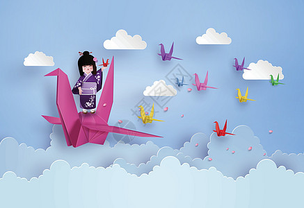 身着国服和折纸鸟飞的日本女孩起重机动物天空纸艺工艺鸽子艺术图片